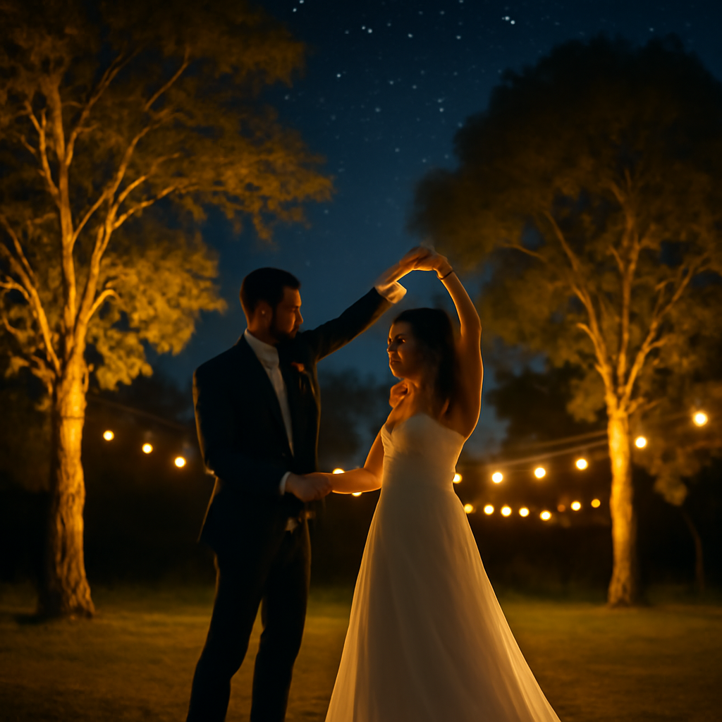 A primeira dança dos noivos sob o céu aberto